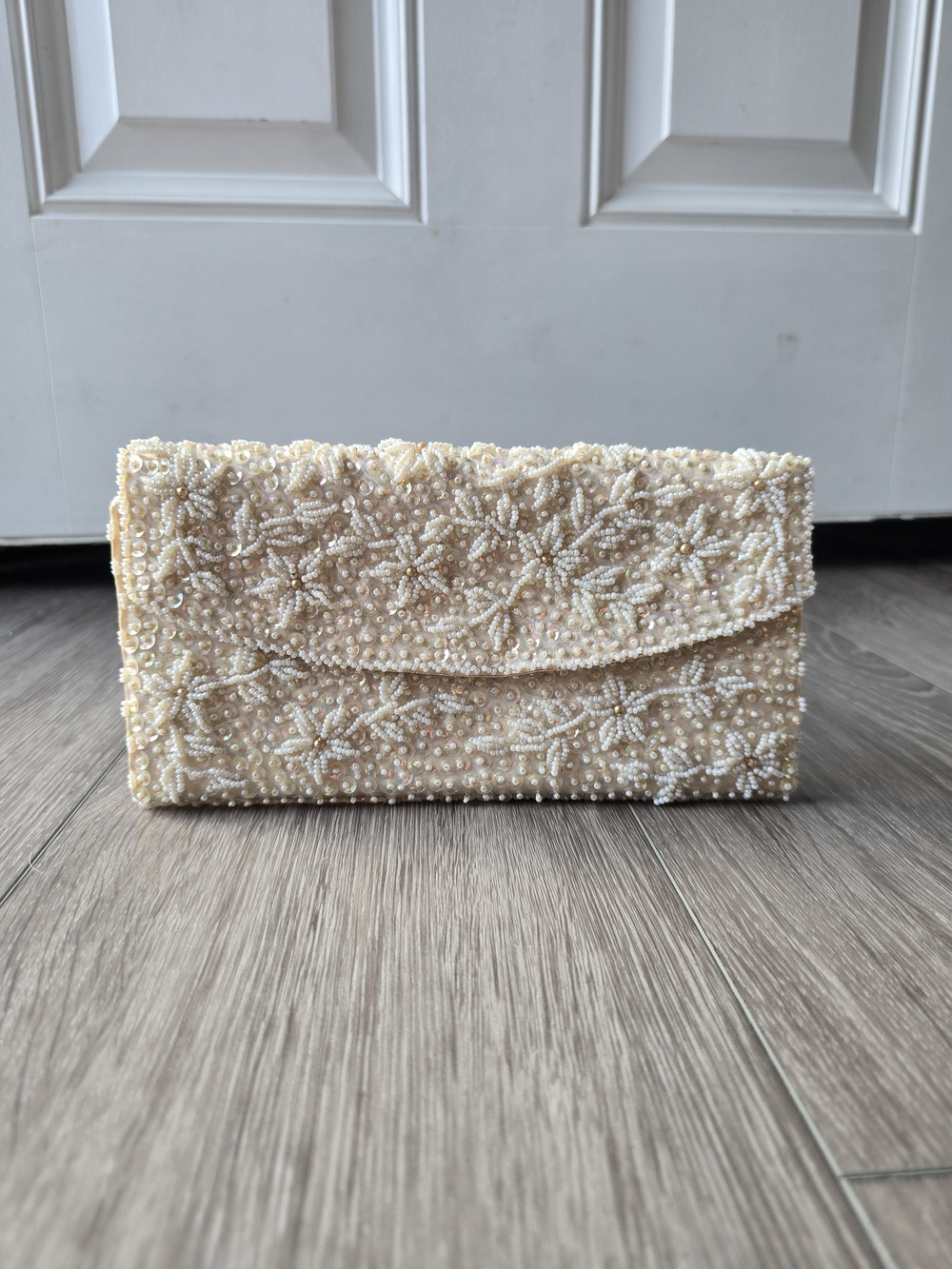 Vintage Hand Beaded Ivory Clutch Pearl Sequin Evening Bag Hong Kong Bridal